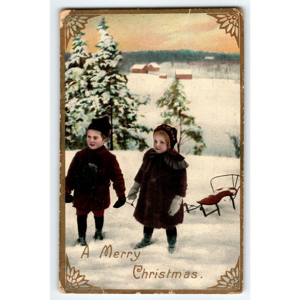 Christmas Postcard Real Photo Children Snow Covered Trees Sled Germany RPPC